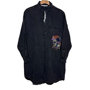 Zara Black Washed Long Sleeve Shirt Dress With Bead Work Women’s Sz M